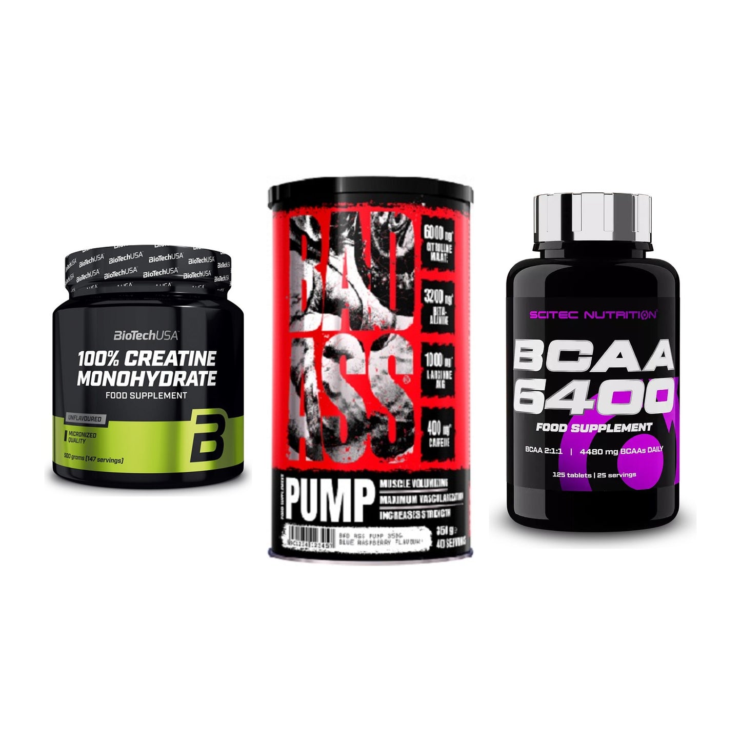 Kraft-Stack: BioTech Creatine + BAD ASS Pump + Scitec BCAA 6400 – alle enthaltenen Artikel