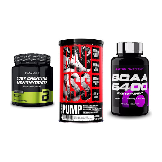 Kraft-Stack: BioTech Creatine + BAD ASS Pump + Scitec BCAA 6400 – alle enthaltenen Artikel