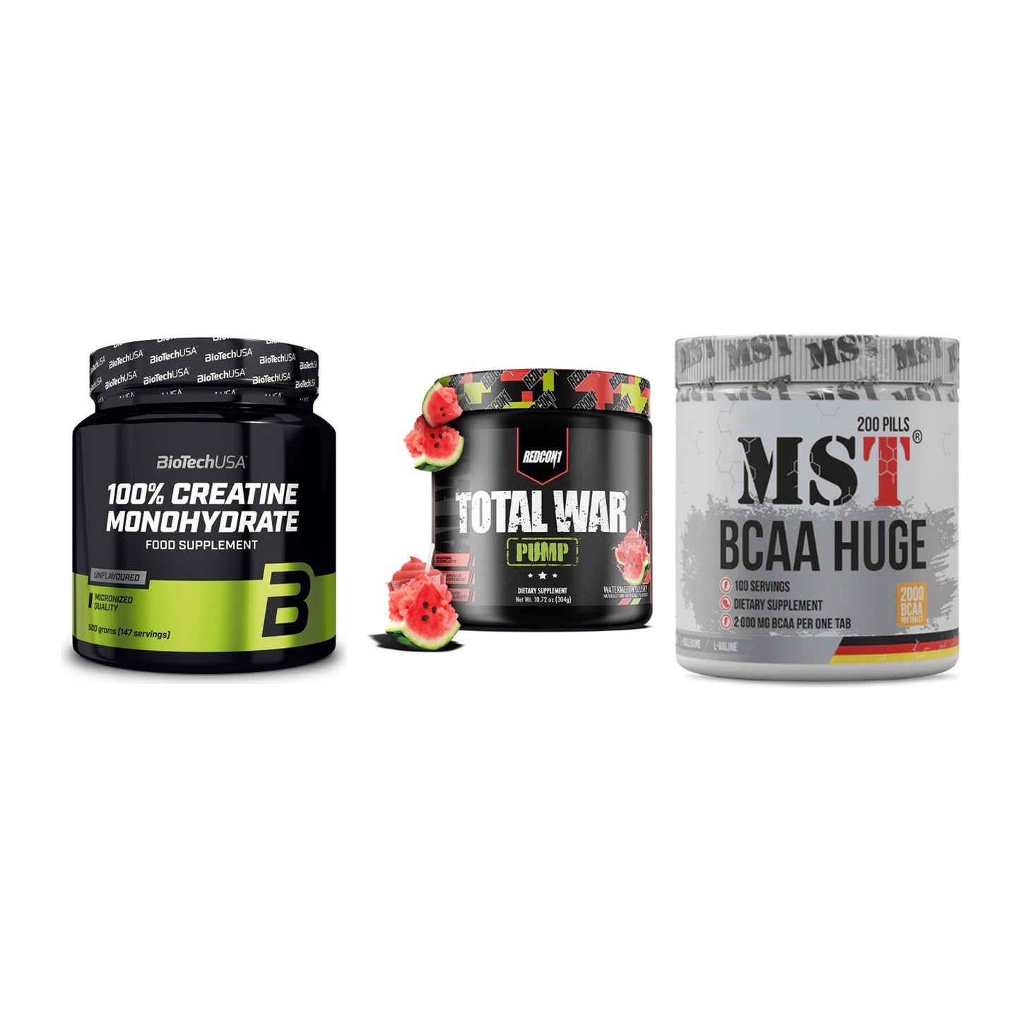 Kraft-Stack: BioTech Creatine + Redcon1 Total War + MST BCAA Huge 200 – alle enthaltenen Artikel