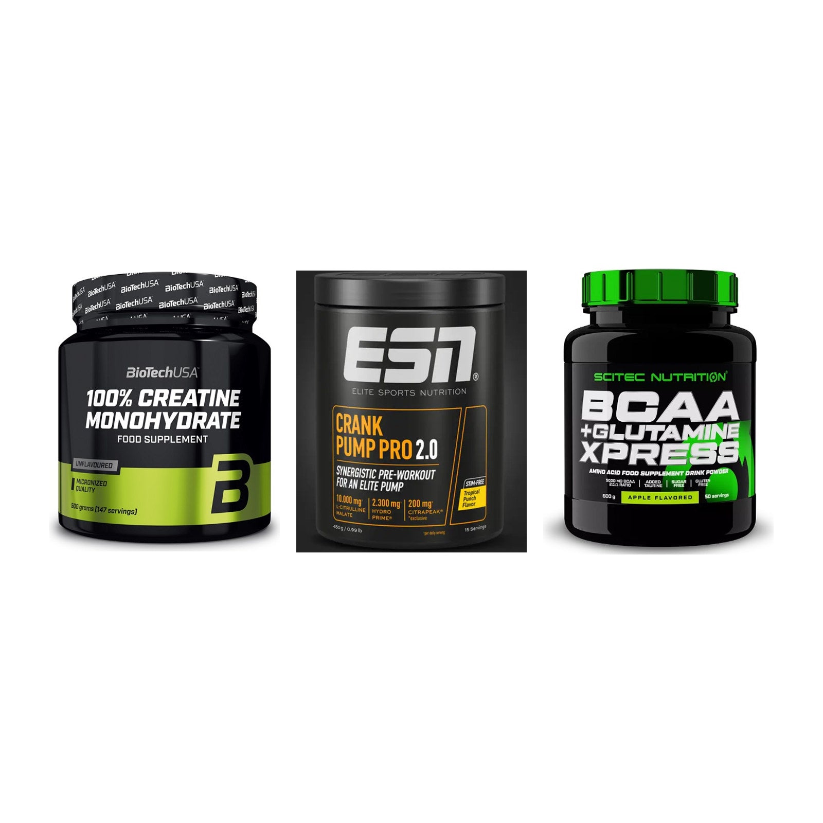 Kraft-Stack: BioTech Creatine + ESN Crank Pump + Scitec BCAA – alle enthaltenen Artikel