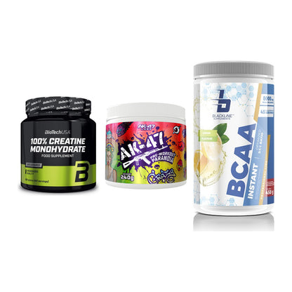 Kraft-Stack: BioTech Creatine + AK47 Labs + Blackline – alle enthaltenen Artikel