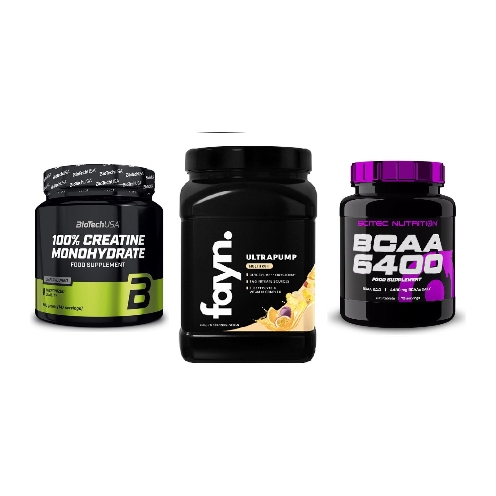 Kraft-Stack: BioTech Creatine + Fayn. Ultrapump + Scitec BCAA 6400 – alle enthaltenen Artikel