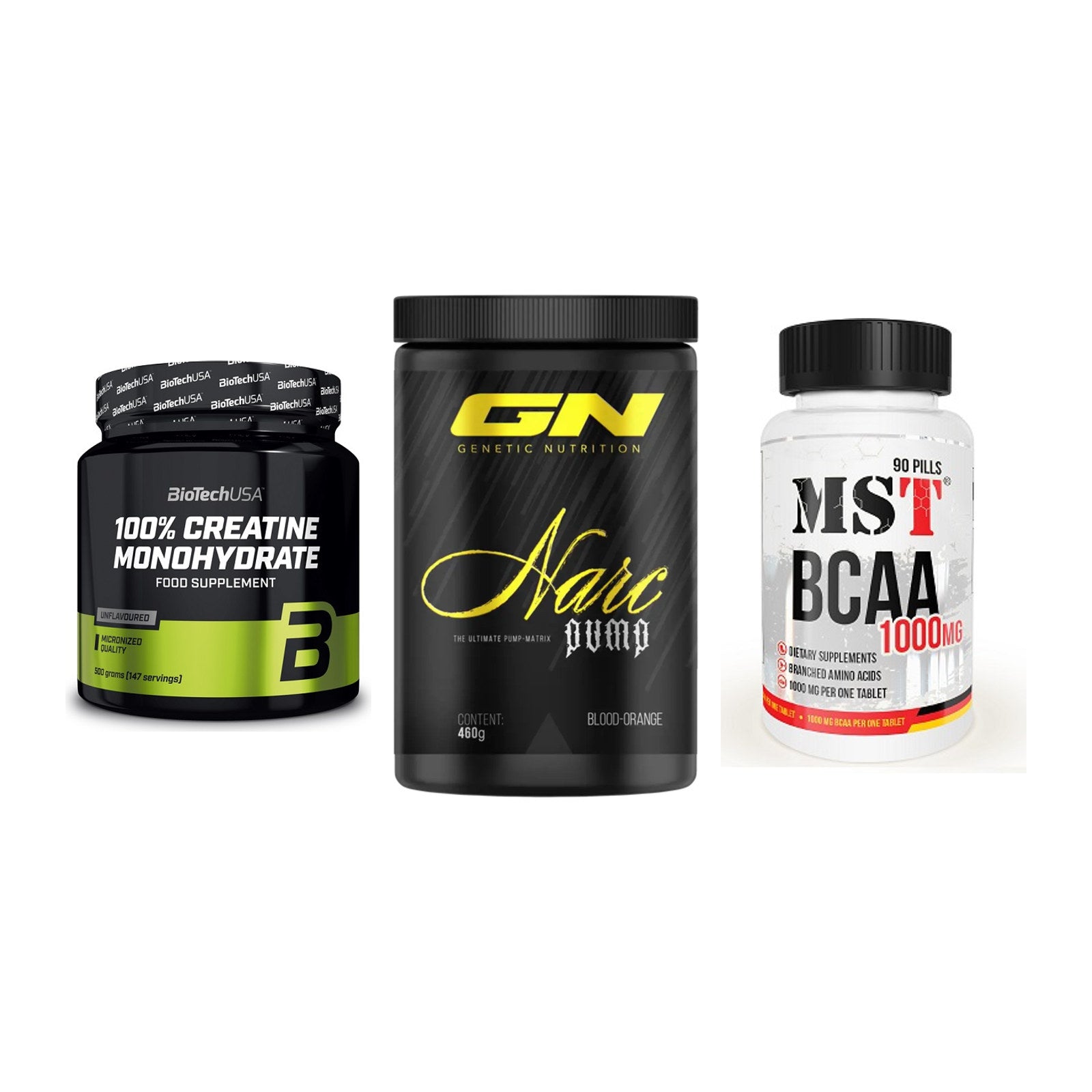 Kraft-Stack: BioTech Creatine + GN Narc Pump + MST BCAA 1000 (90 – alle enthaltenen Artikel