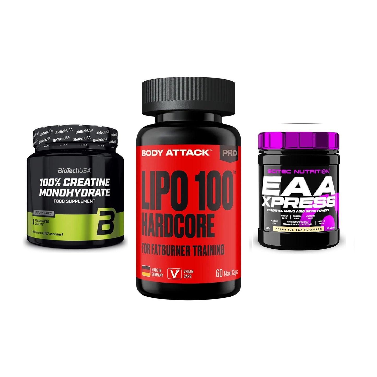 Kraft-Stack: BioTech Creatine + Body Attack LIPO + Scitec EAA Xpress – alle enthaltenen Artikel