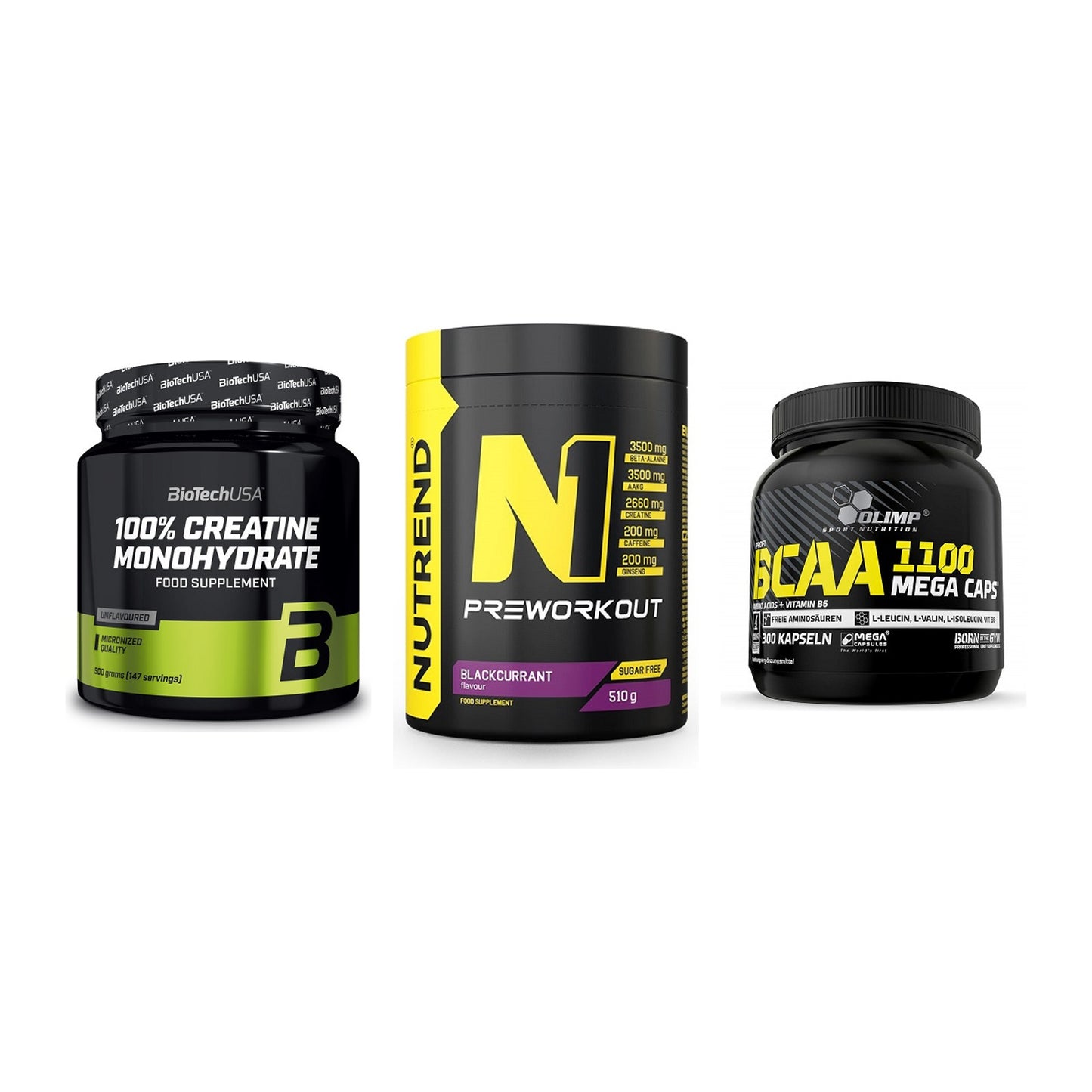 Kraft-Stack: BioTech Creatine + Nutrend N1 + Olimp BCAA Mega – alle enthaltenen Artikel
