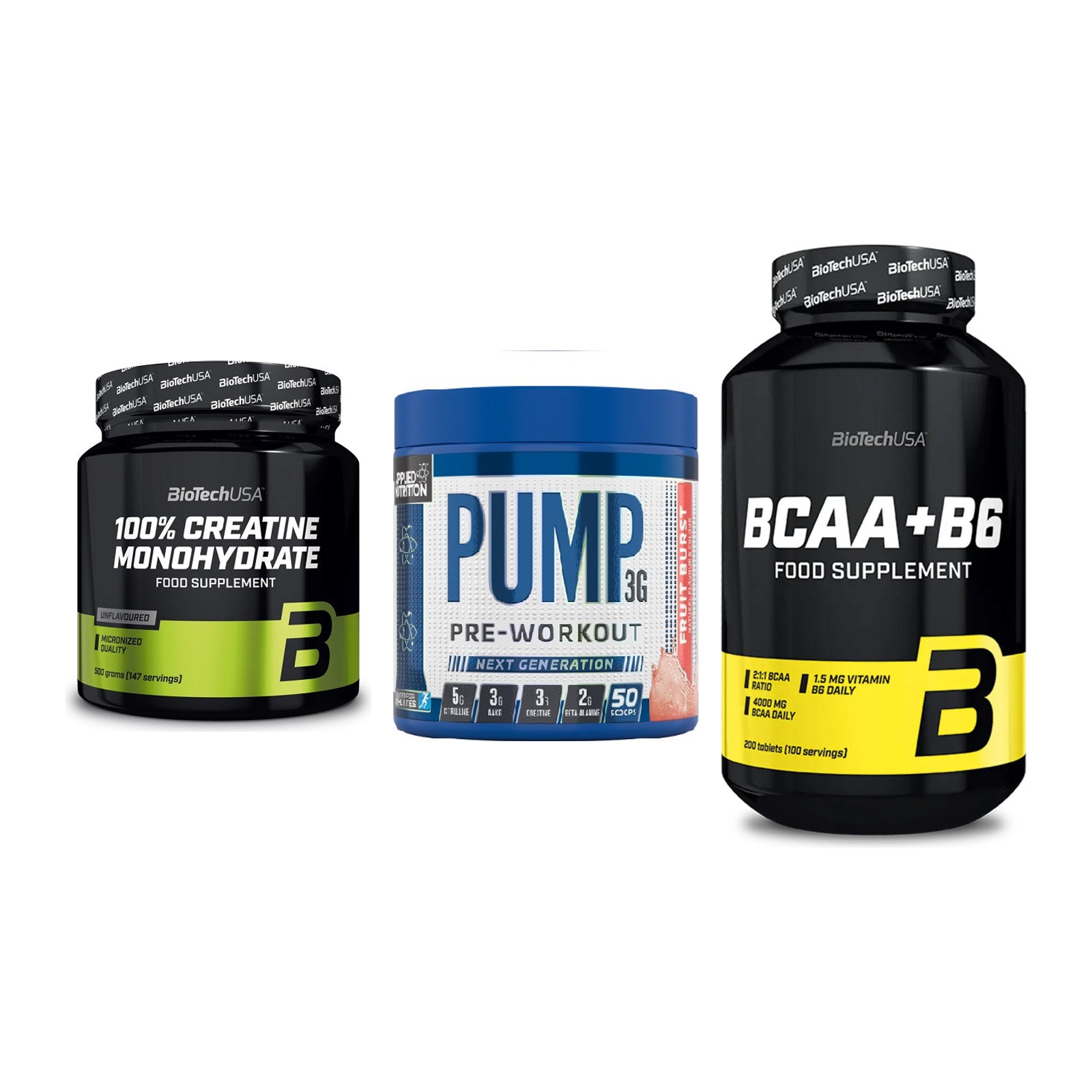 Kraft-Stack: BioTech Creatine + Applied Nutrition + BioTech BCAA+B6 – alle enthaltenen Artikel