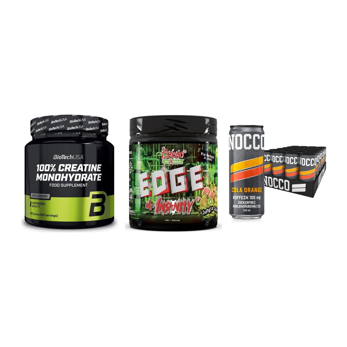 Kraft-Stack: BioTech Creatine + Psycho Pharma + Nocco BCAA Drink – alle enthaltenen Artikel