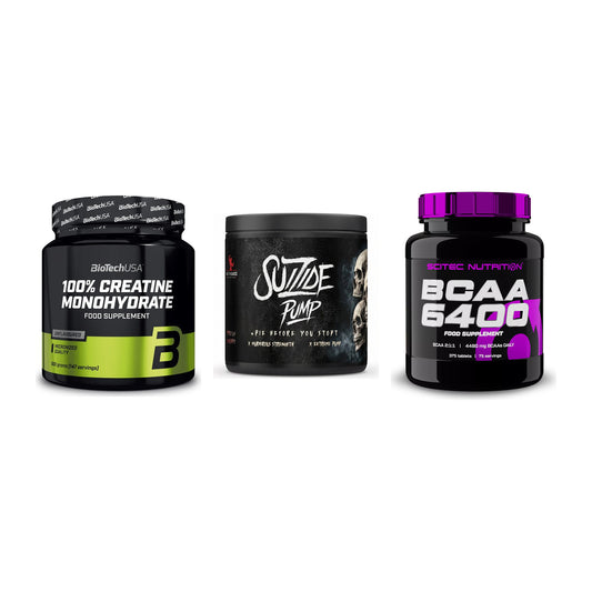 Kraft-Stack: BioTech Creatine + #GYMJUICE SUIZIDE + Scitec BCAA 6400 – alle enthaltenen Artikel