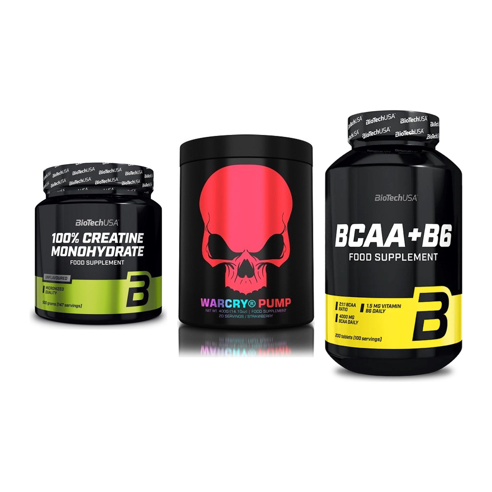 Kraft-Stack: BioTech Creatine + Genius Nutrition + BioTech BCAA+B6 – alle enthaltenen Artikel