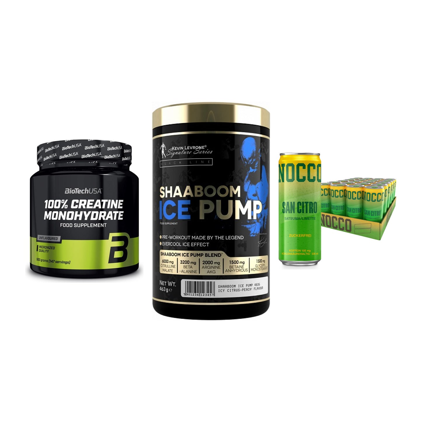 Kraft-Stack: BioTech Creatine + Kevin Levrone + Nocco BCAA Drink – alle enthaltenen Artikel
