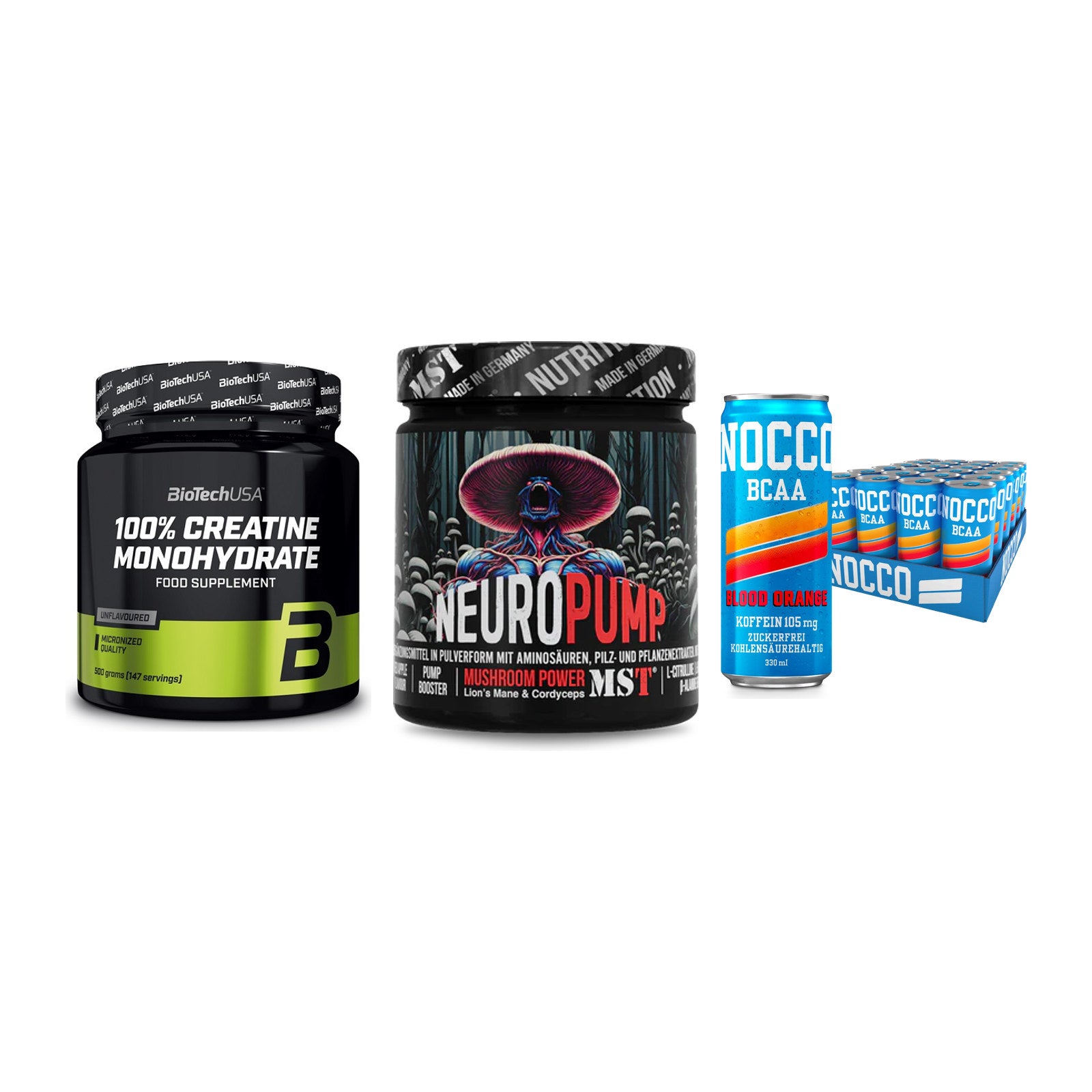 Kraft-Stack: BioTech Creatine + MST NeuroPump + Nocco BCAA Drink – alle enthaltenen Artikel