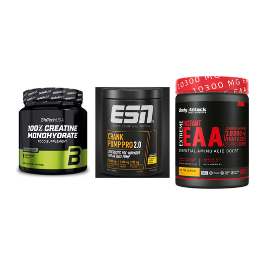 Kraft-Stack: BioTech Creatine + ESN Crank Pump + Body Attack – alle enthaltenen Artikel