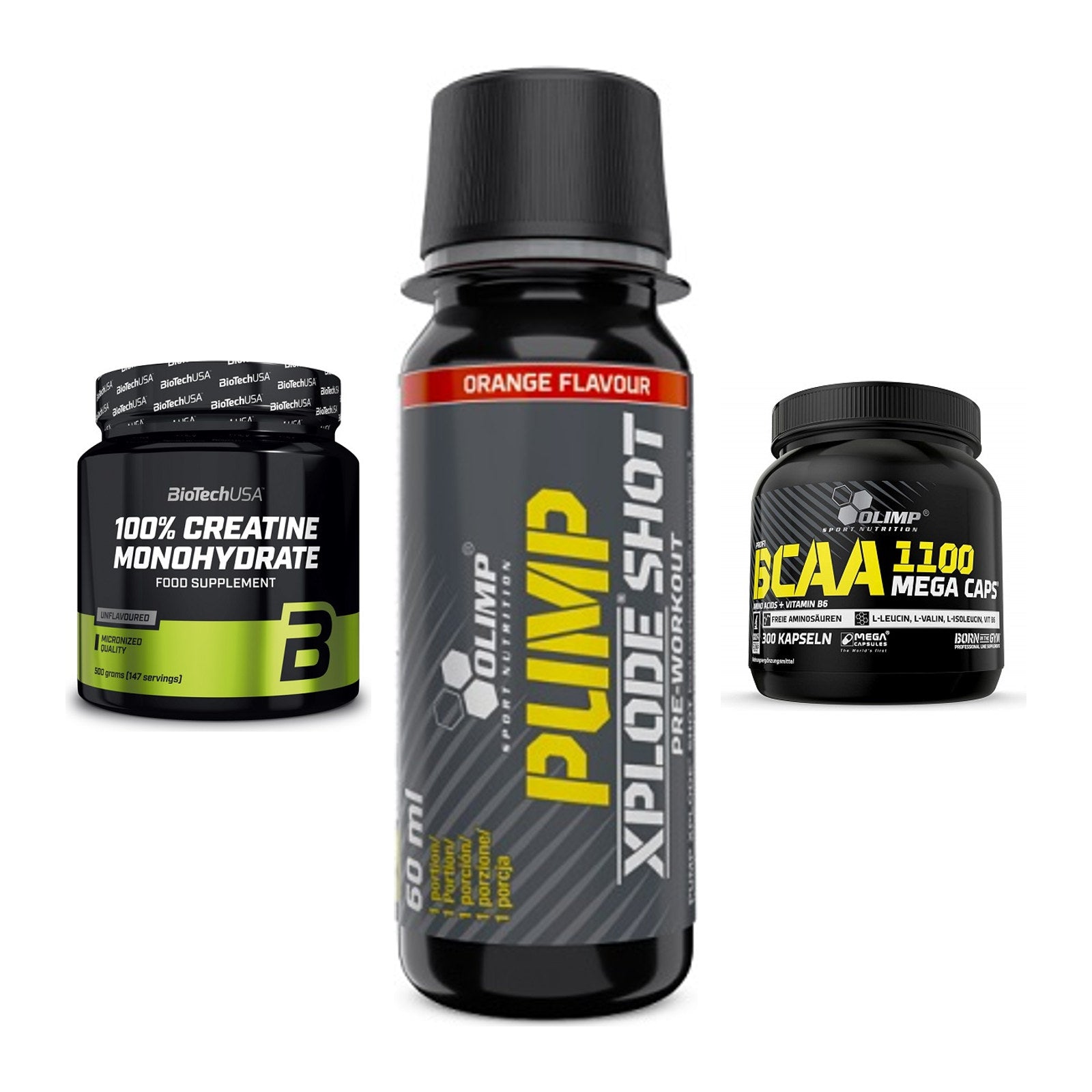 Kraft-Stack: BioTech Creatine + Olimp Pump Xplode + Olimp BCAA Mega – alle enthaltenen Artikel