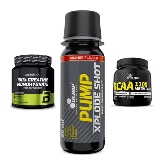 Kraft-Stack: BioTech Creatine + Olimp Pump Xplode + Olimp BCAA Mega – alle enthaltenen Artikel