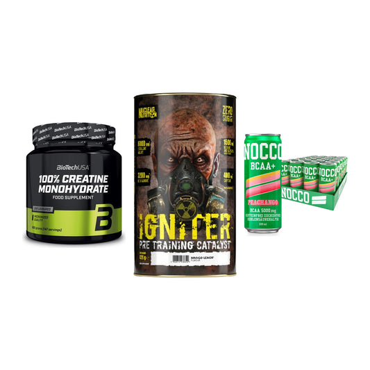 Kraft-Stack: BioTech Creatine + Nuclear Nutrition + Nocco BCAA Drink – alle enthaltenen Artikel