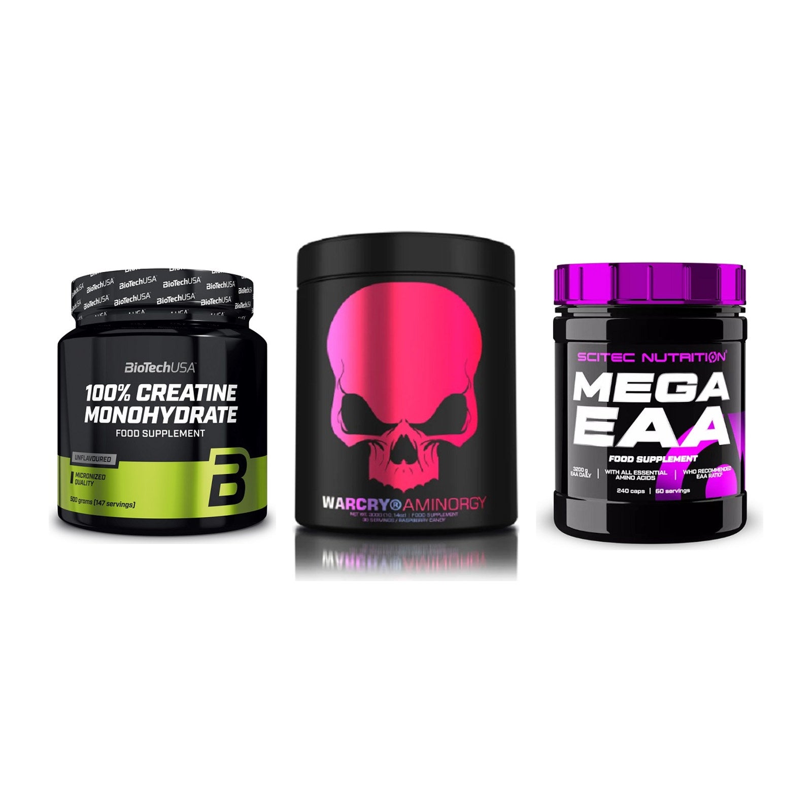 Kraft-Stack: BioTech Creatine + Genius Nutrition + Scitec Mega EAA – alle enthaltenen Artikel
