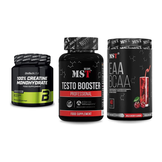 Kraft-Stack: BioTech Creatine + MST Testo Booster + MST EAA & BCAA – alle enthaltenen Artikel