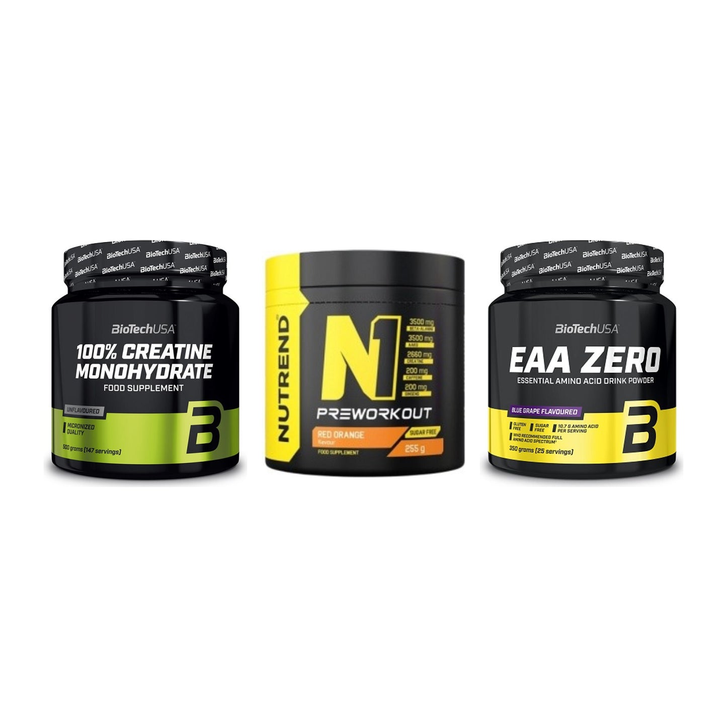 Kraft-Stack: BioTech Creatine + Nutrend N1 + BioTech EAA Zero – alle enthaltenen Artikel