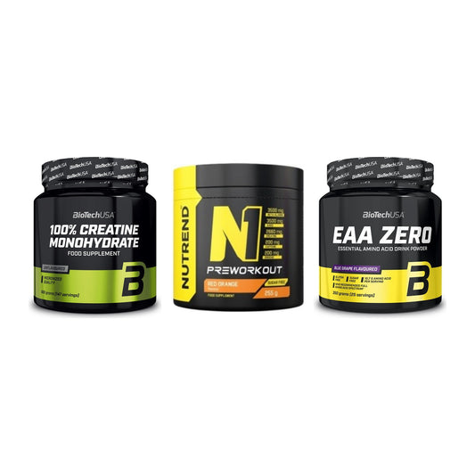 Kraft-Stack: BioTech Creatine + Nutrend N1 + BioTech EAA Zero – alle enthaltenen Artikel
