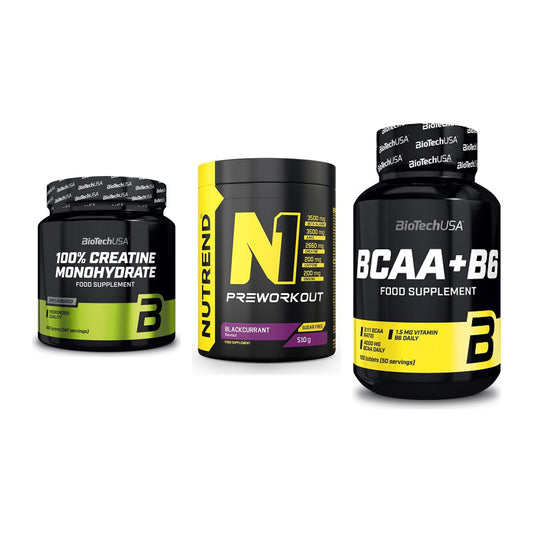 Kraft-Stack: BioTech Creatine + Nutrend N1 + BioTech BCAA+B6 – alle enthaltenen Artikel