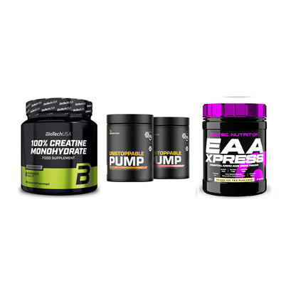 Kraft-Stack: BioTech Creatine + Dedicated + Scitec EAA Xpress – alle enthaltenen Artikel