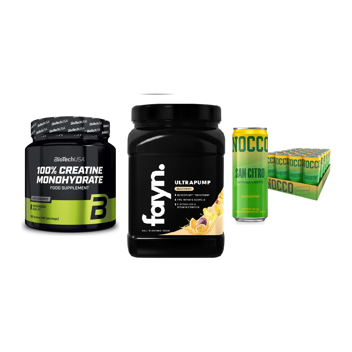 Kraft-Stack: BioTech Creatine + Fayn. Ultrapump + Nocco BCAA Drink – alle enthaltenen Artikel
