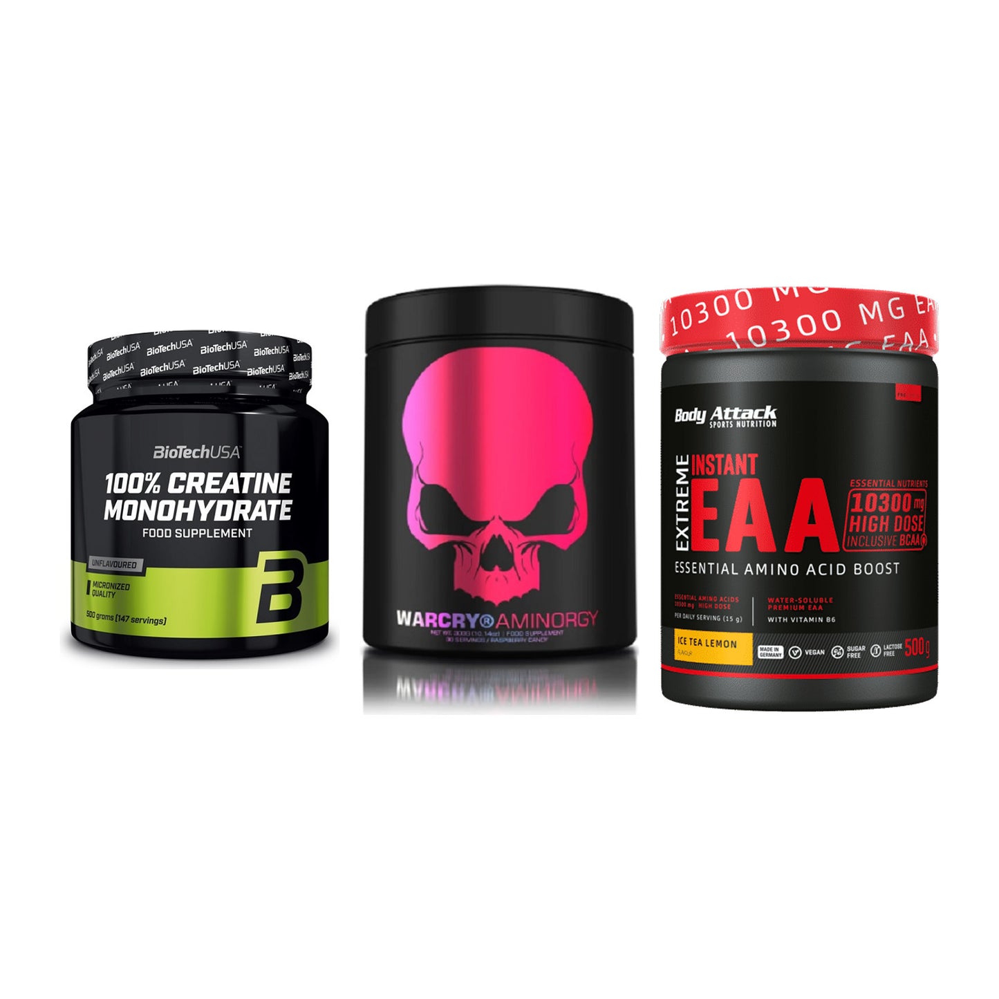Kraft-Stack: BioTech Creatine + Genius Nutrition + Body Attack – alle enthaltenen Artikel