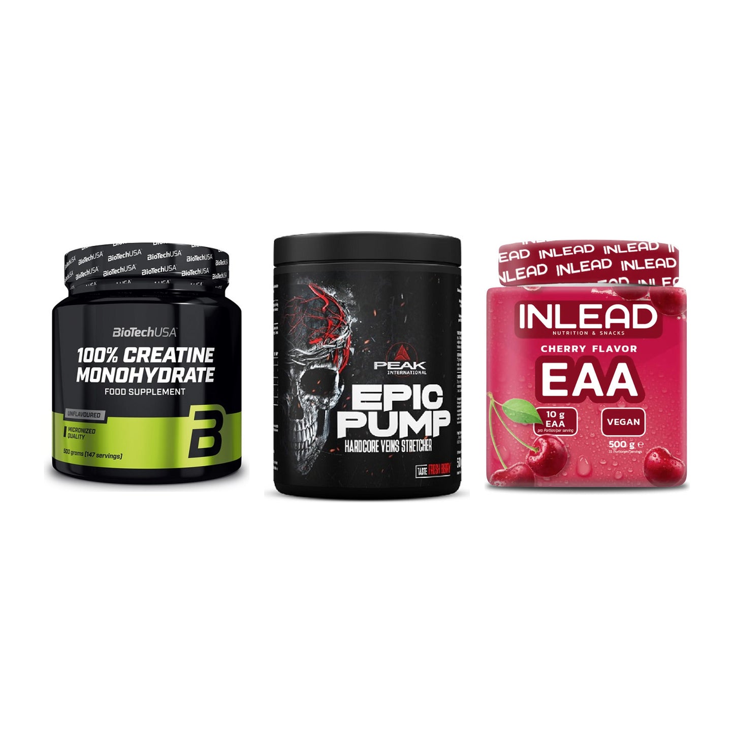 Kraft-Stack: BioTech Creatine + Peak EPIC Pump + INLEAD EAA – alle enthaltenen Artikel