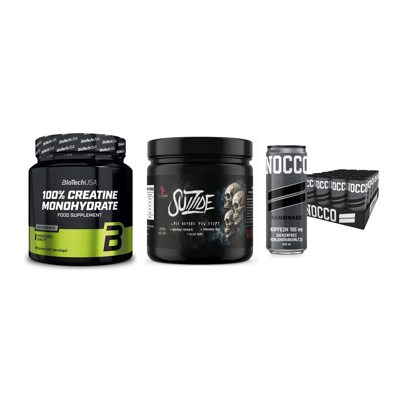 Kraft-Stack: BioTech Creatine + #GYMJUICE SUIZIDE + Nocco BCAA Drink – alle enthaltenen Artikel