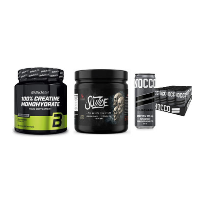 Kraft-Stack: BioTech Creatine + #GYMJUICE SUIZIDE + Nocco BCAA Drink – alle enthaltenen Artikel