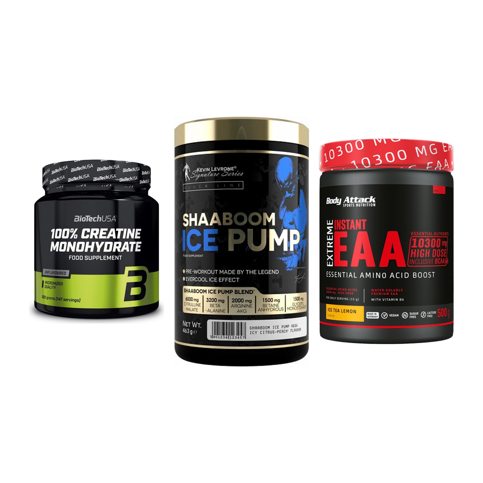 Kraft-Stack: BioTech Creatine + Kevin Levrone + Body Attack – alle enthaltenen Artikel