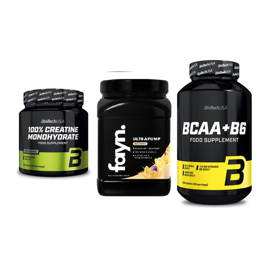 Kraft-Stack: BioTech Creatine + Fayn. Ultrapump + BioTech BCAA+B6 – alle enthaltenen Artikel