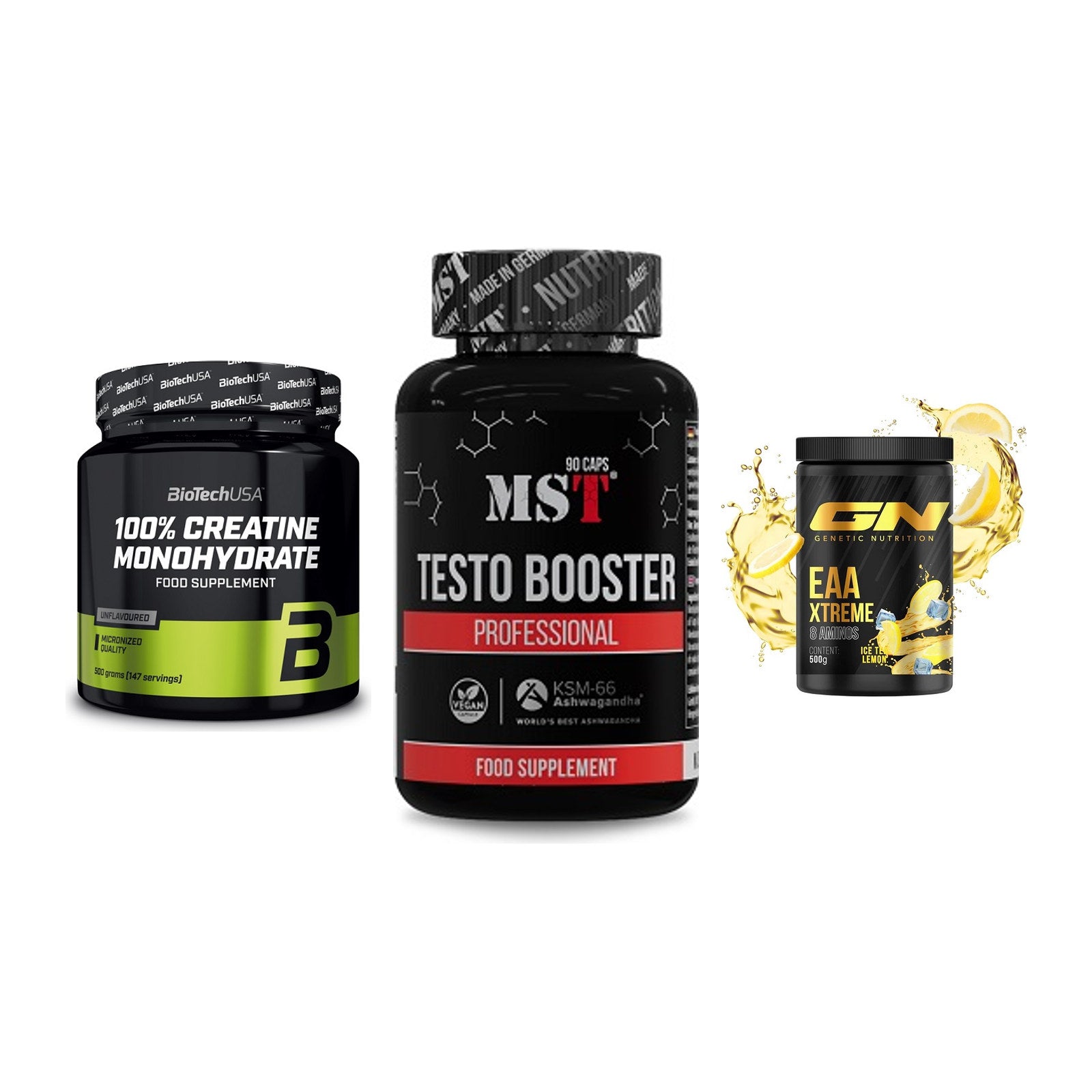 Kraft-Stack: BioTech Creatine + MST Testo Booster + GN EAA Xtreme – alle enthaltenen Artikel
