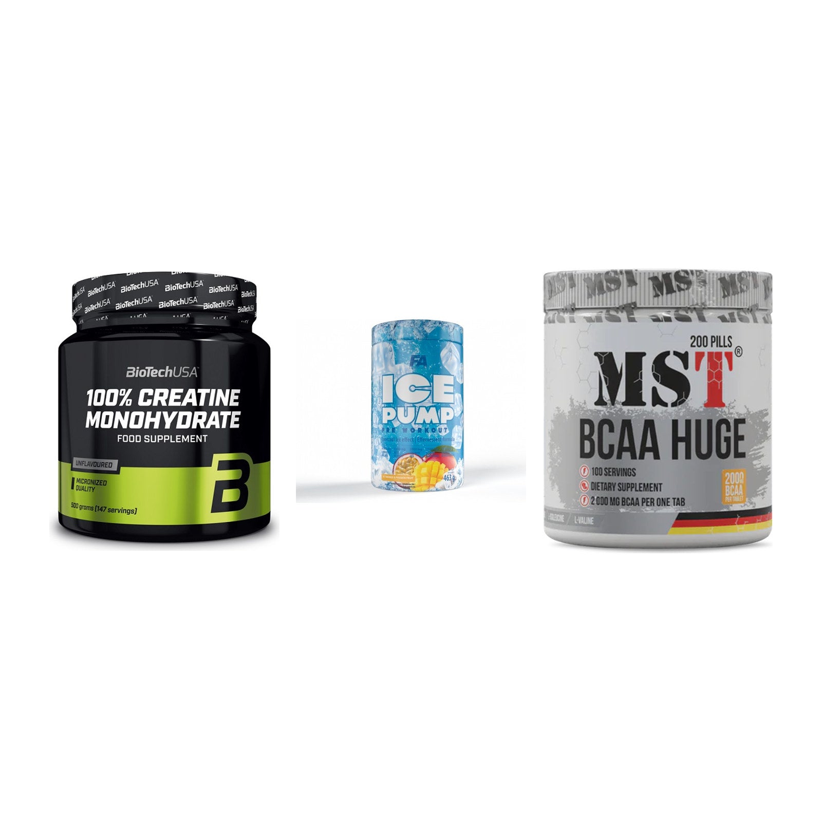 Kraft-Stack: BioTech Creatine + FA Nutrition ICE + MST BCAA Huge 200 – alle enthaltenen Artikel