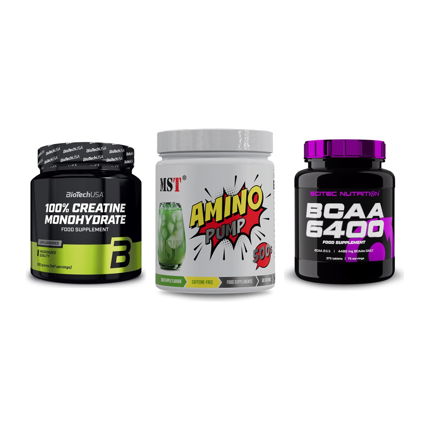 Kraft-Stack: BioTech Creatine + MST Amino Pump + Scitec BCAA 6400 – alle enthaltenen Artikel