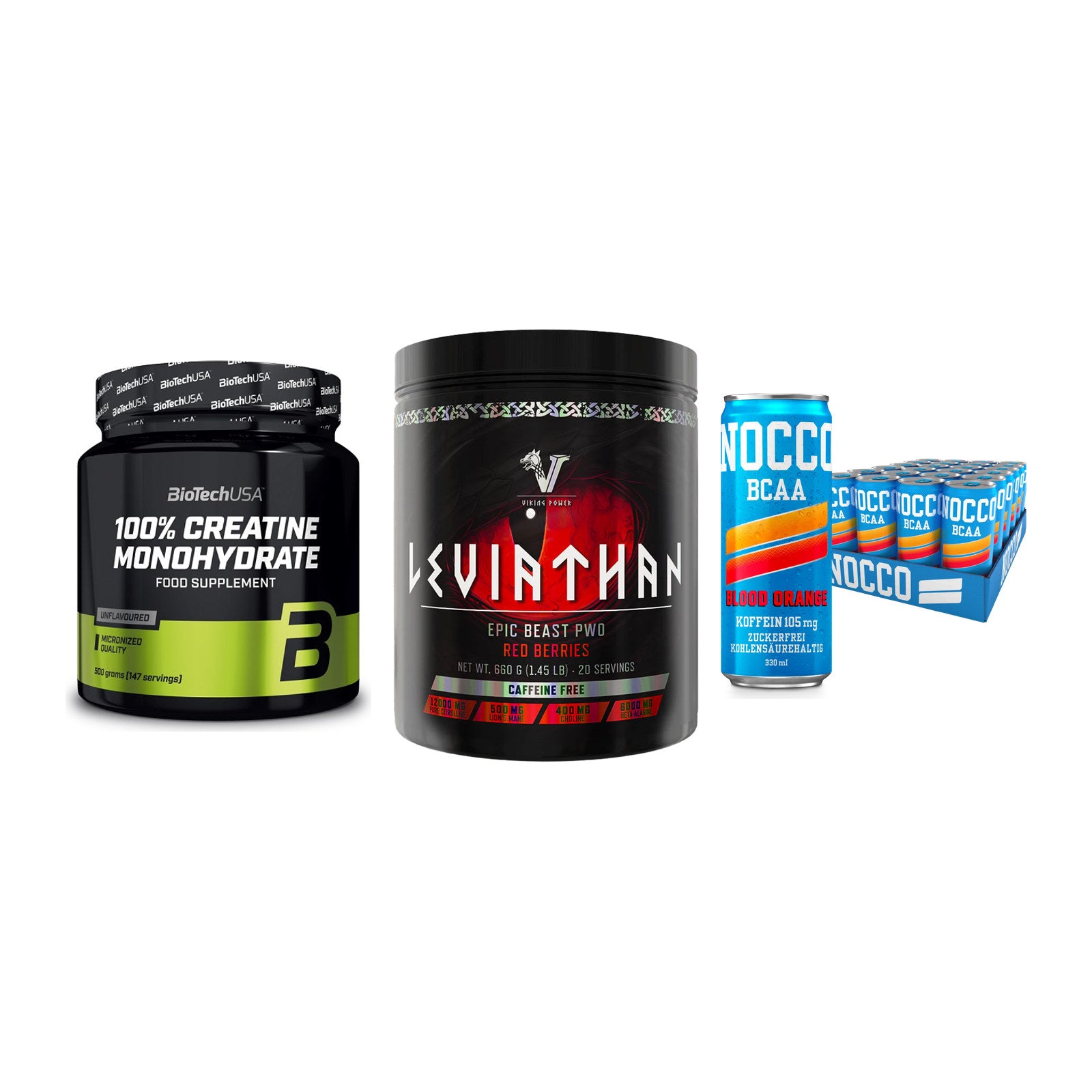 Kraft-Stack: BioTech Creatine + Viking Power + Nocco BCAA Drink – alle enthaltenen Artikel