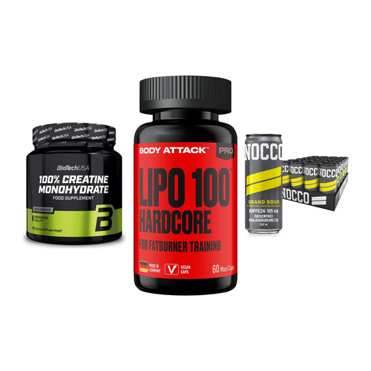 Kraft-Stack: BioTech Creatine + Body Attack LIPO + Nocco BCAA Drink – alle enthaltenen Artikel