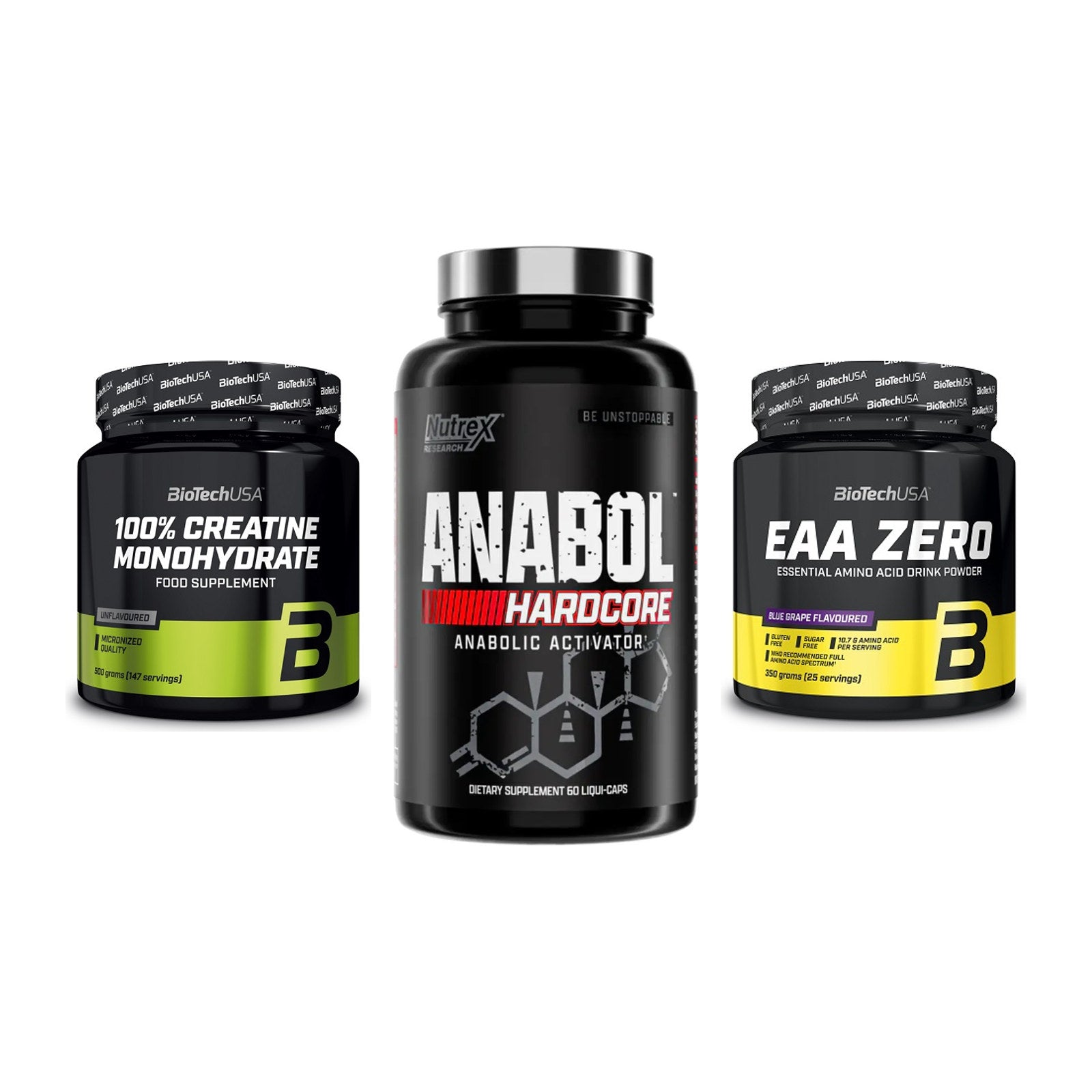 Kraft-Stack: BioTech Creatine + Nutrex Anabol + BioTech EAA Zero – alle enthaltenen Artikel