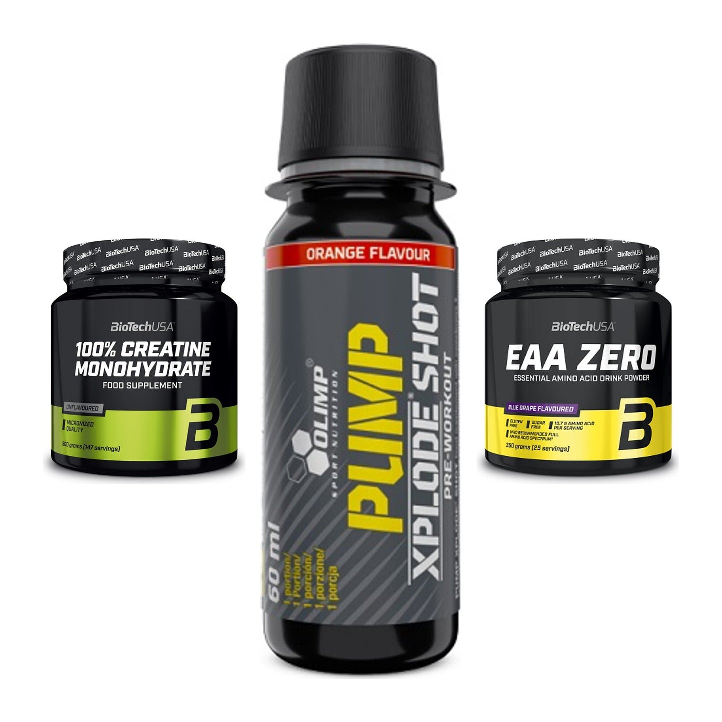 Kraft-Stack: BioTech Creatine + Olimp Pump Xplode + BioTech EAA Zero – alle enthaltenen Artikel