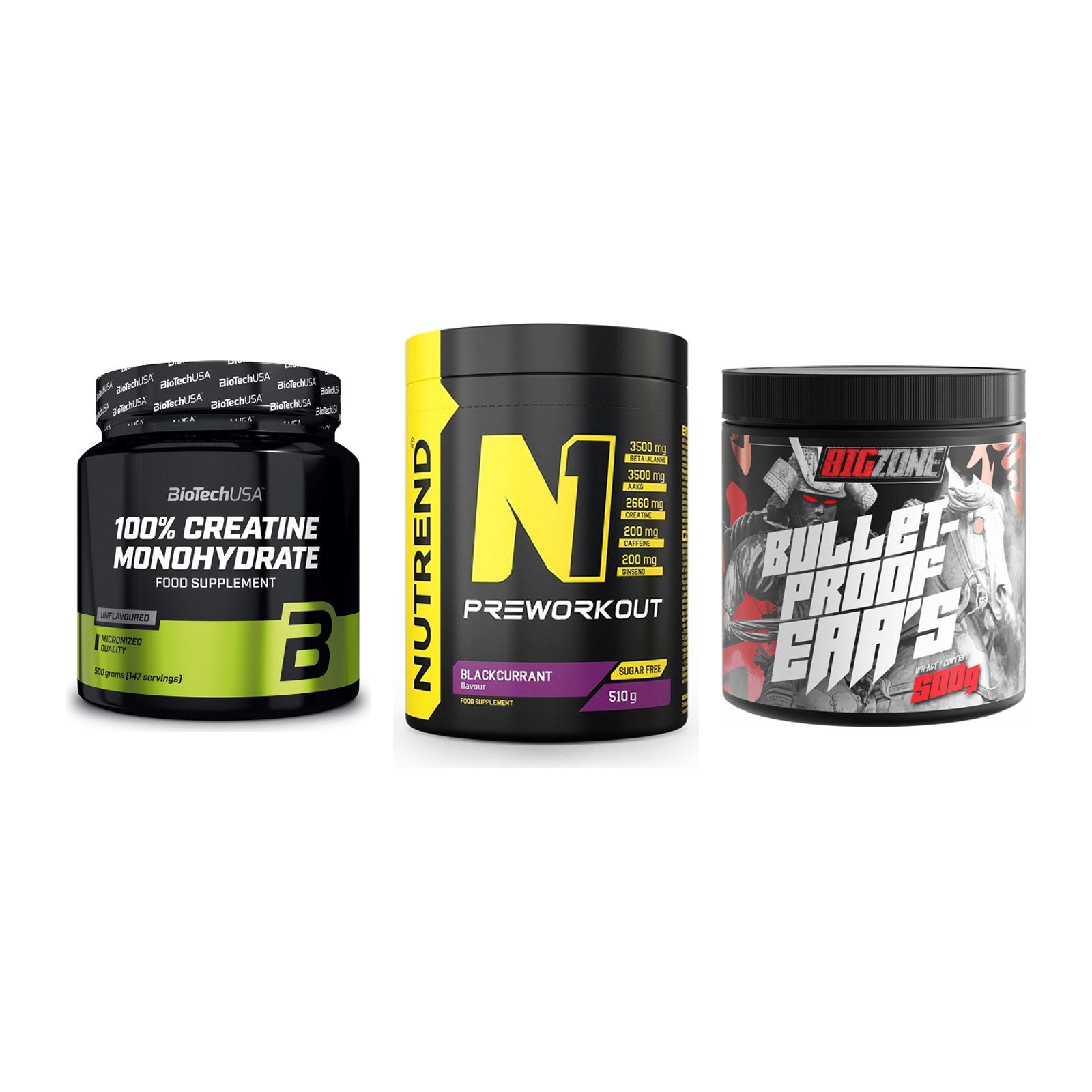 Kraft-Stack: BioTech Creatine + Nutrend N1 + Big Zone Bulletpr – alle enthaltenen Artikel