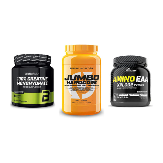 Kraft-Stack: BioTech Creatine + Scitec Jumbo + Olimp Amino EAA – alle enthaltenen Artikel