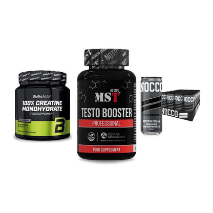 Kraft-Stack: BioTech Creatine + MST Testo Booster + Nocco BCAA Drink – alle enthaltenen Artikel