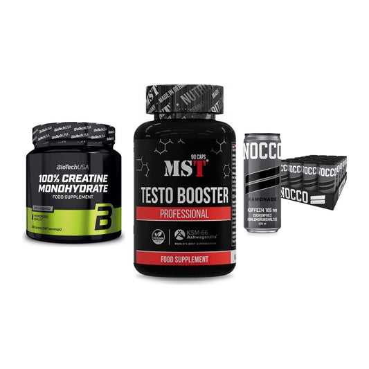 Kraft-Stack: BioTech Creatine + MST Testo Booster + Nocco BCAA Drink – alle enthaltenen Artikel