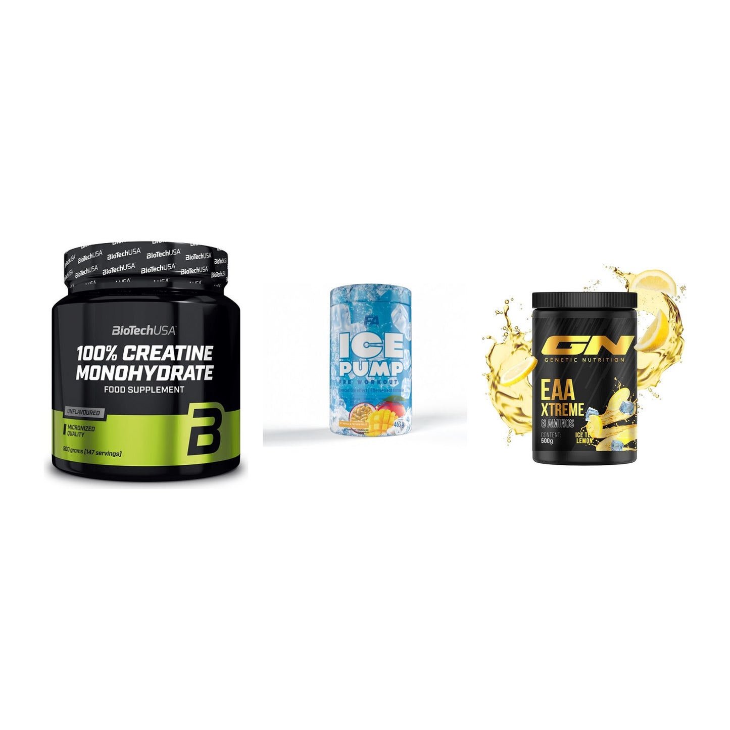 Kraft-Stack: BioTech Creatine + FA Nutrition ICE + GN EAA Xtreme – alle enthaltenen Artikel