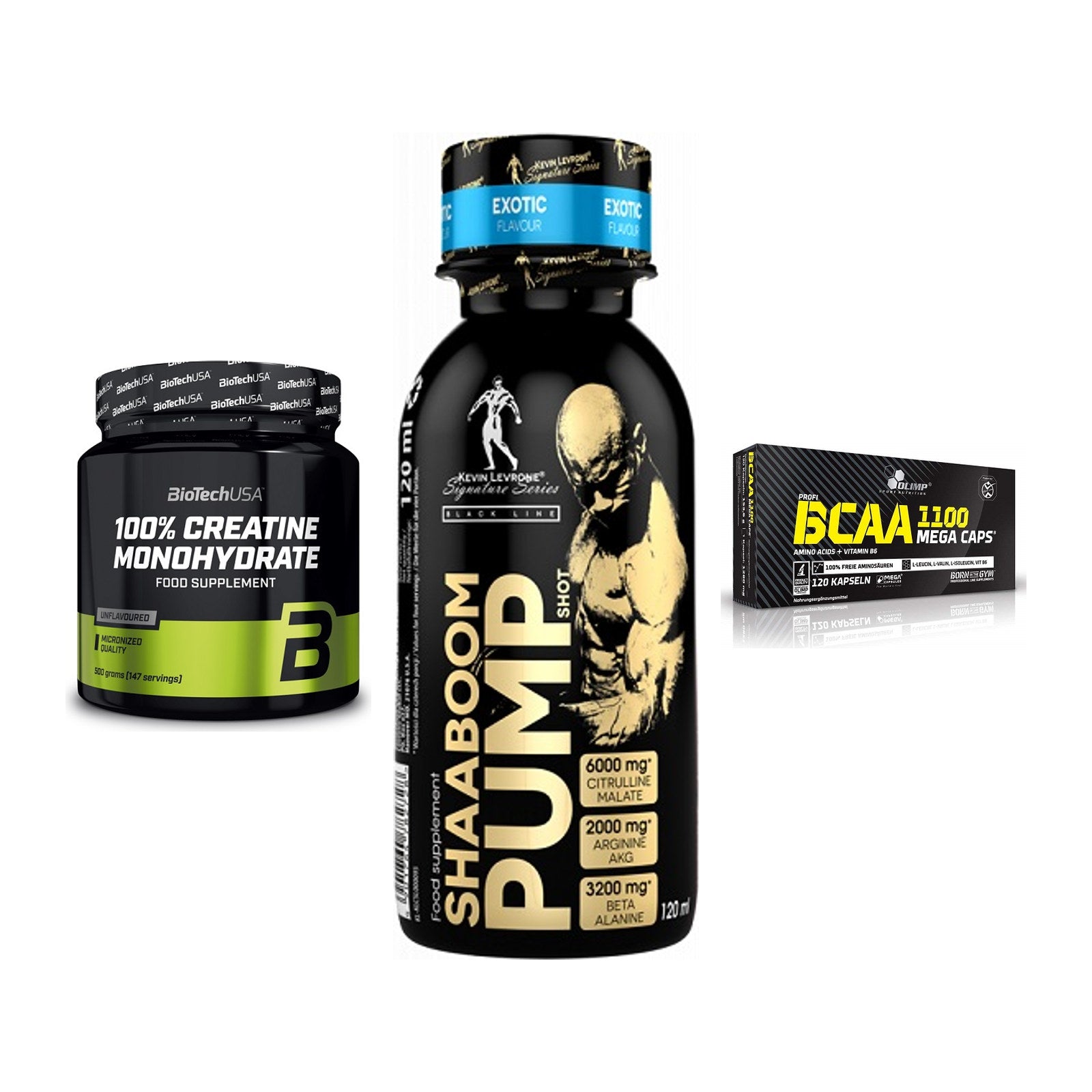 Kraft-Stack: BioTech Creatine + Kevin Levrone + Olimp BCAA Mega – alle enthaltenen Artikel