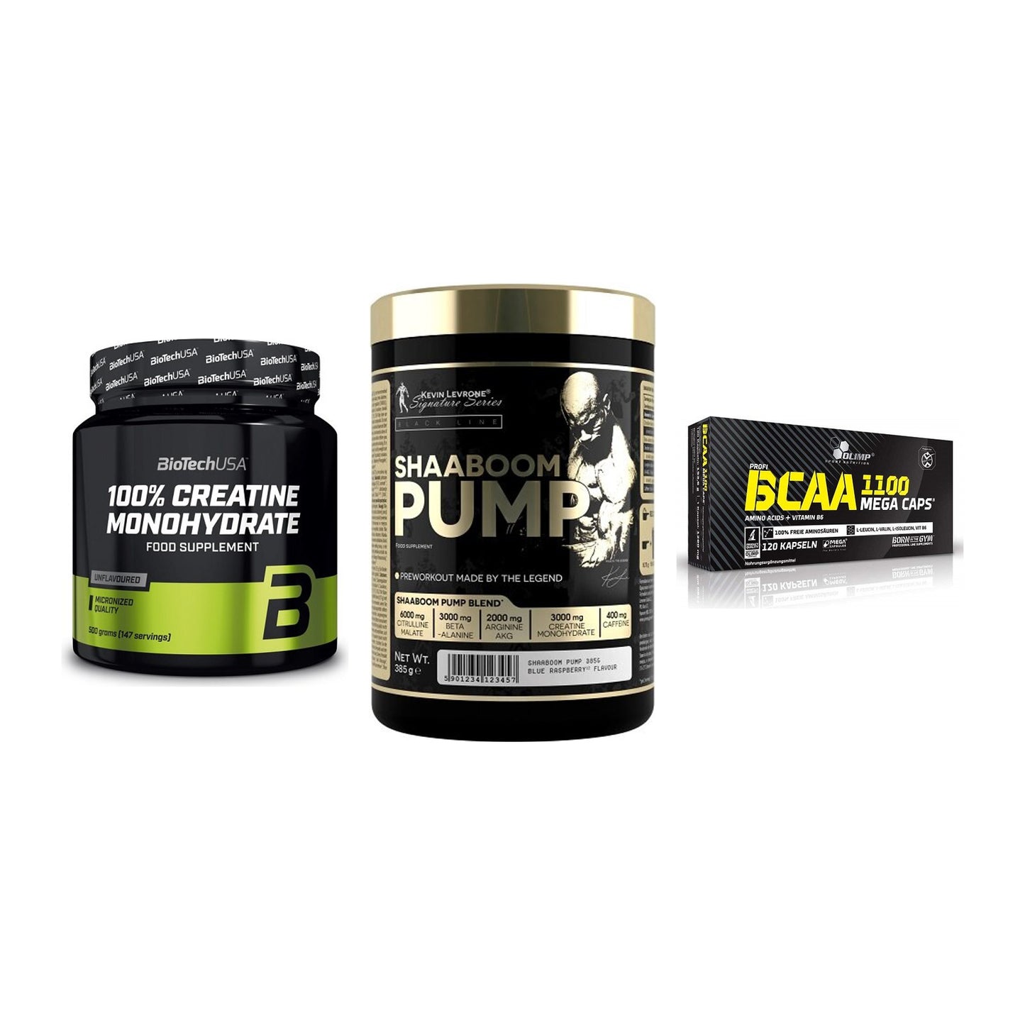 Kraft-Stack: BioTech Creatine + Kevin Levrone + Olimp BCAA Mega – alle enthaltenen Artikel