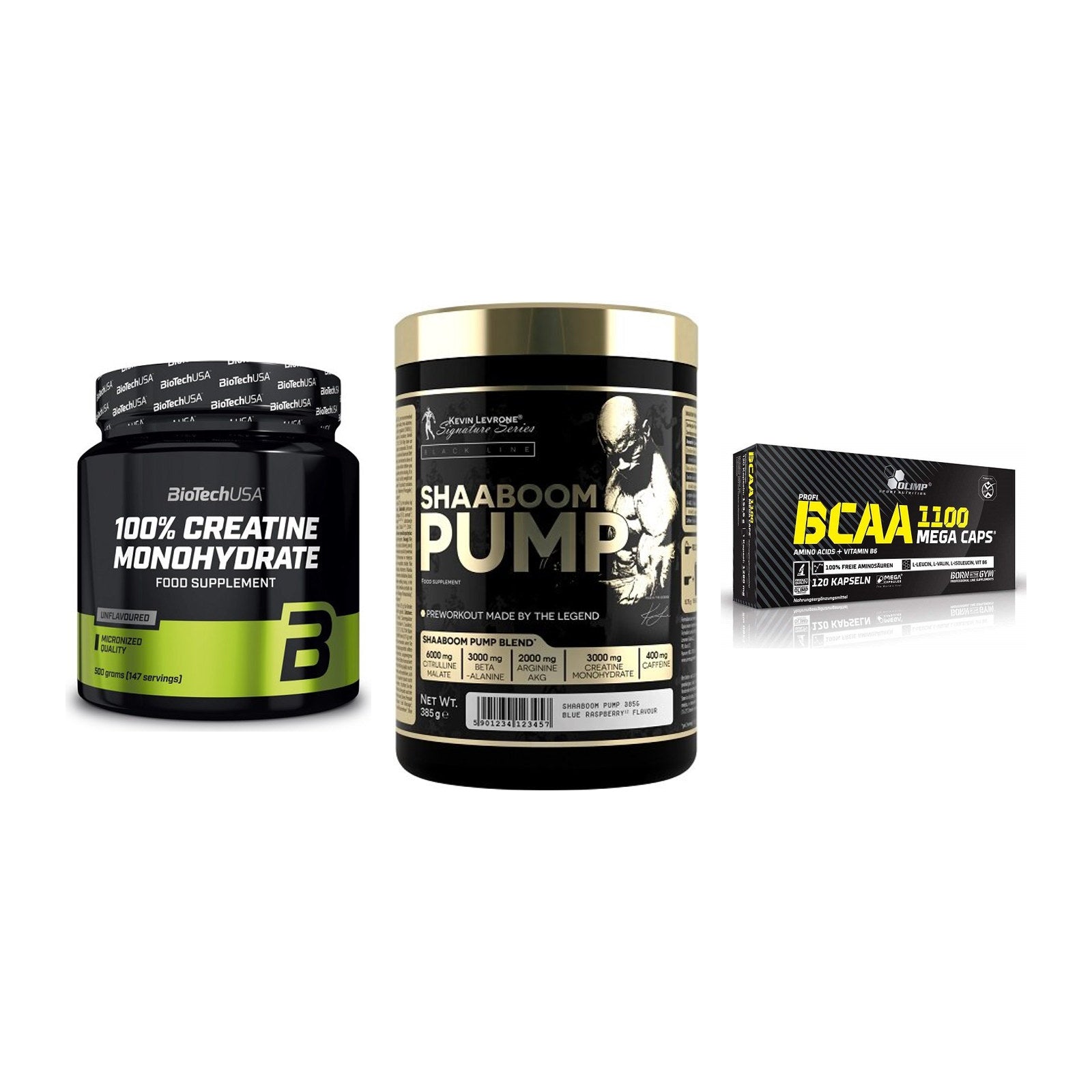 Kraft-Stack: BioTech Creatine + Kevin Levrone + Olimp BCAA Mega – alle enthaltenen Artikel
