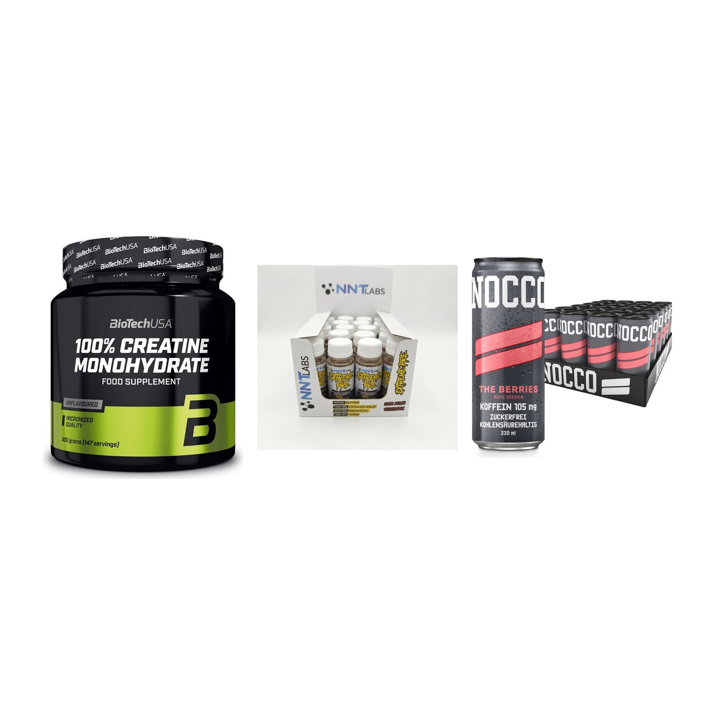 Kraft-Stack: BioTech Creatine + NNT Extreme + Nocco BCAA Drink – alle enthaltenen Artikel
