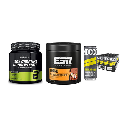 Kraft-Stack: BioTech Creatine + ESN Crank Booster + Nocco BCAA Drink – alle enthaltenen Artikel