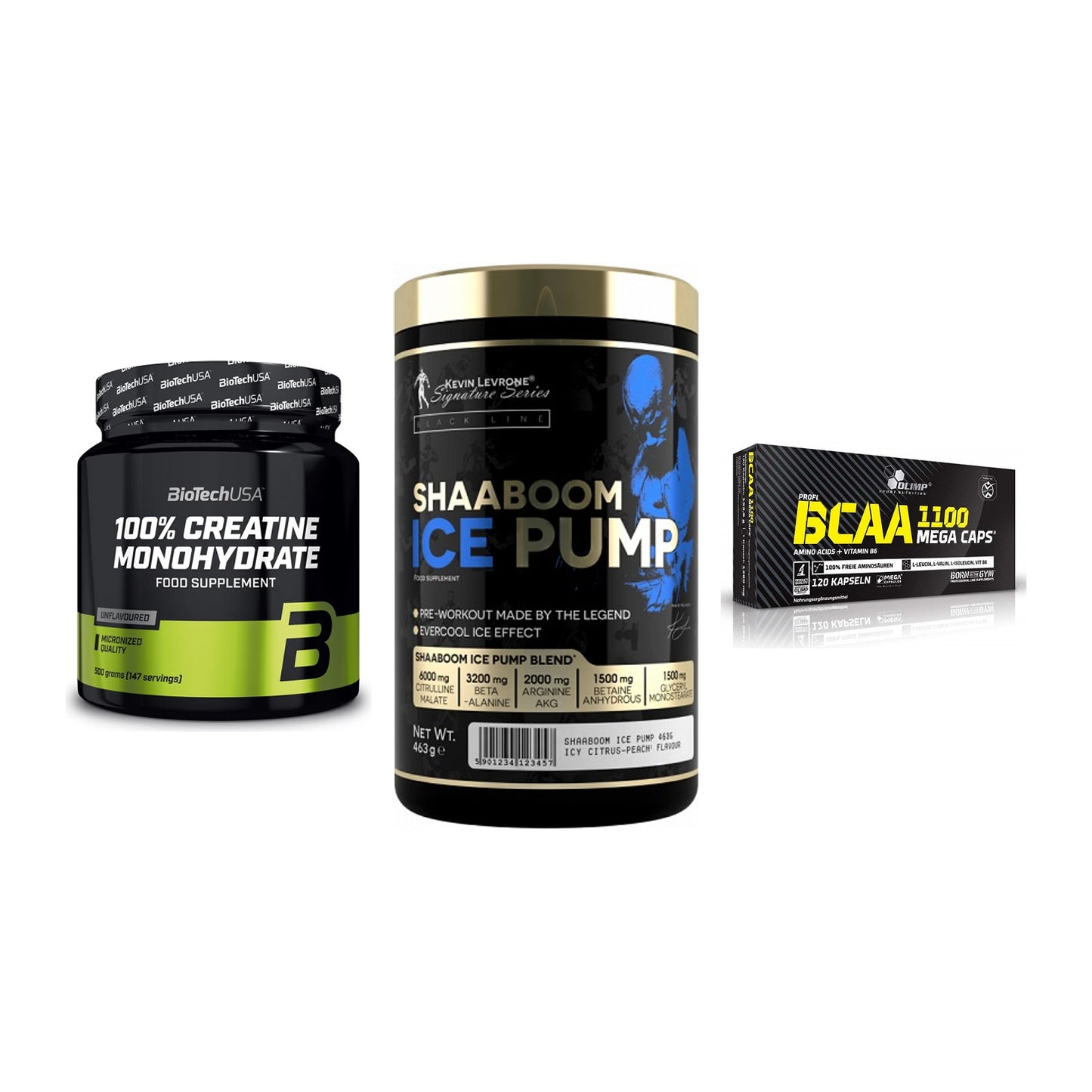 Kraft-Stack: BioTech Creatine + Kevin Levrone + Olimp BCAA Mega – alle enthaltenen Artikel